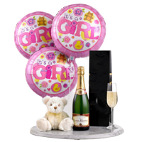 Excellent Gift Hamper of Celebratory Champagne, Baby Girl Balloons with Teddy Bear