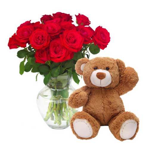 Elegant Bouquet Of 12 Red Roses N Bear