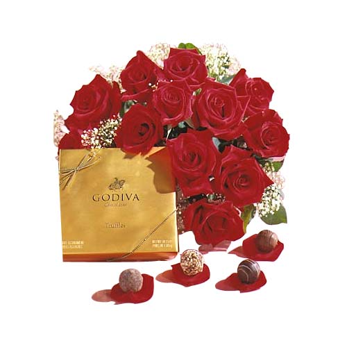 12 Red Roses with Godiva Chocolates