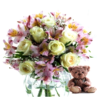 Fresh Happy Seasons Flowering Bouquet with Frankie Bear