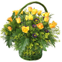 Dazzling 12 Yellow Roses with Greenery in a Basket
