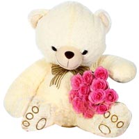 Lovely Soft Teddy with Flower Bouquet