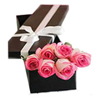 A Box of 6 Pink Roses with Crimson Love