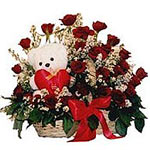 Roses in basket plus tendy-bear