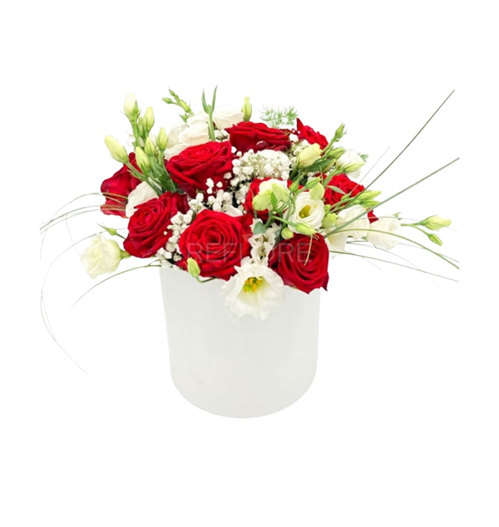 Gorgeous container with red roses and white lisian...