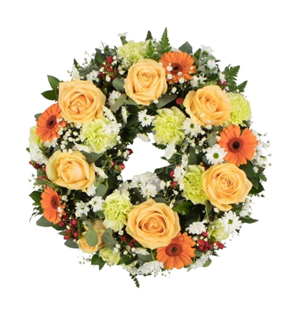 A crown of bright yellow and orange flowers represents your deepest condolences....