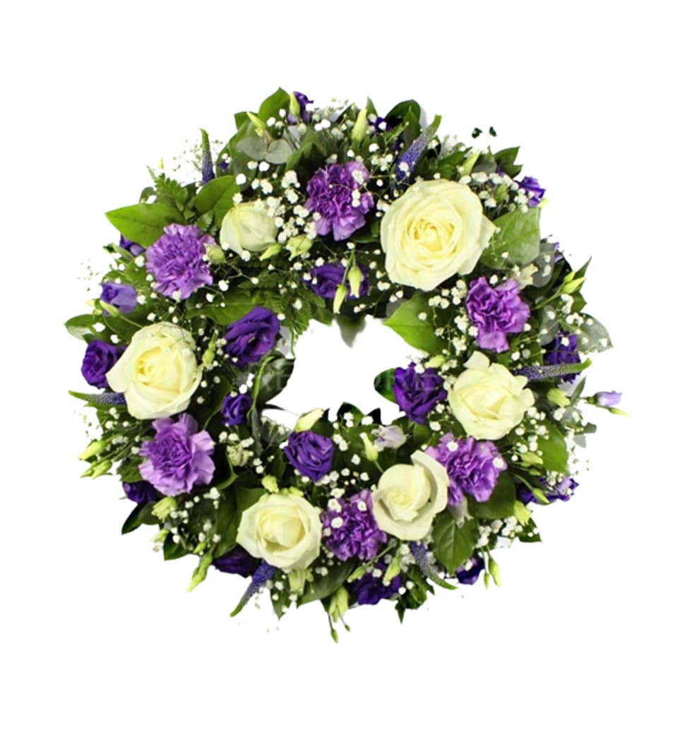 This beautiful white and purple mourning crown is a fitting way to pay respect t...