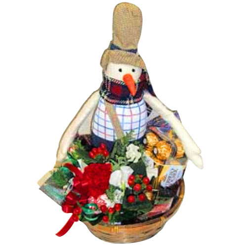 Remarkable Snowman Gift Basket with Chocolates N Flowers