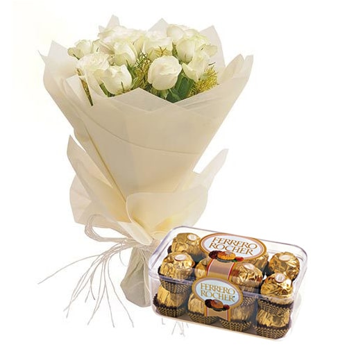 Cherished 12 White Roses Bouquet with Ferrero Rocher Chocolate