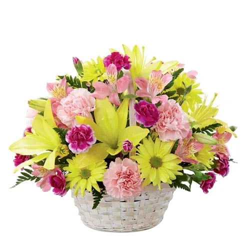 Color-Coordinated Seasons Greetings Basket with Mixed Flowers