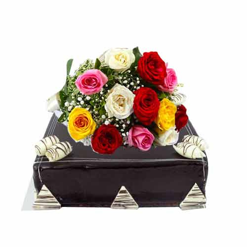 Surprising Multicolored Roses N Macquerie Chocolate Ganache Cake
