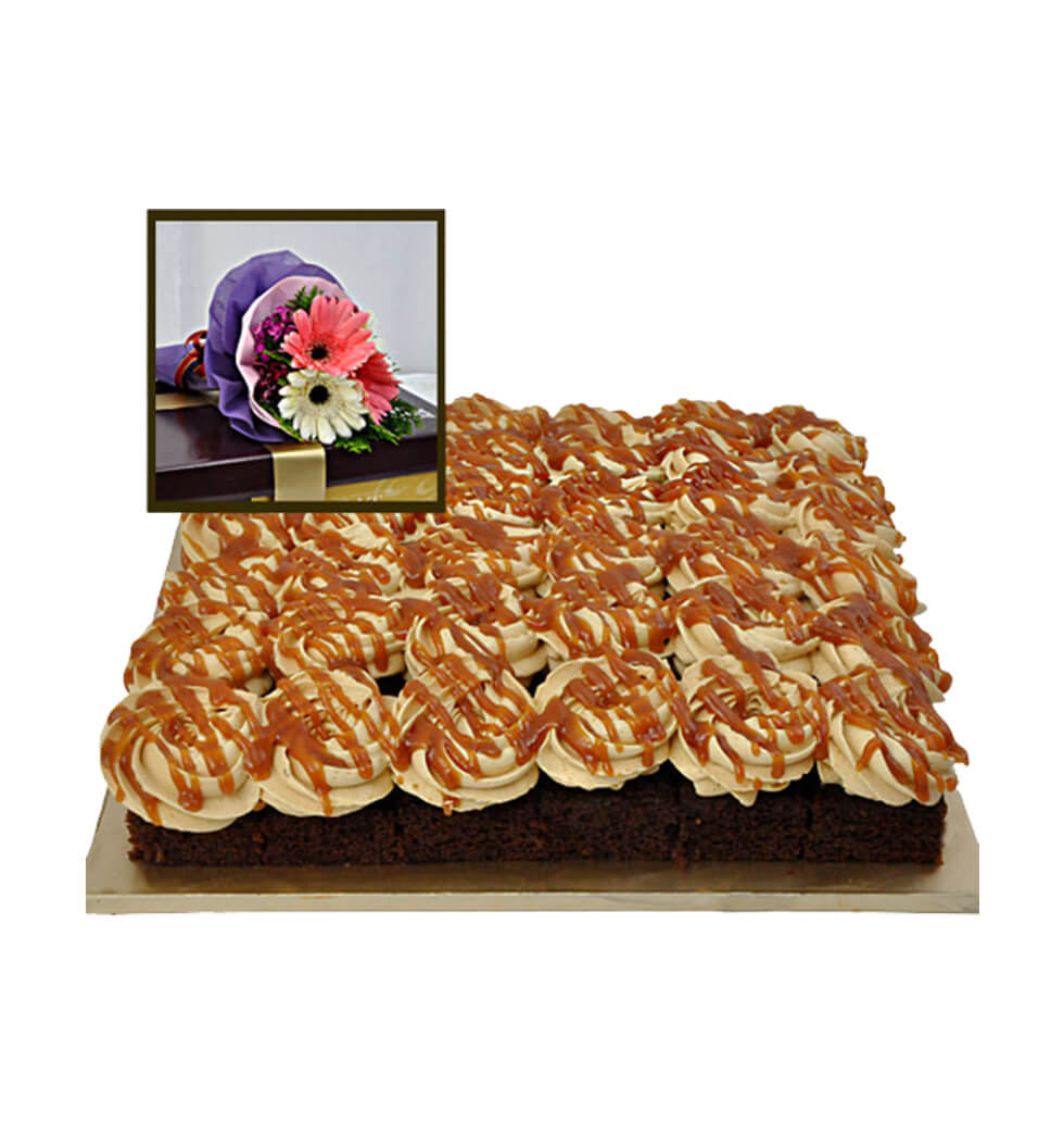 Gerberas With Chocolate Salted Caramel Cake