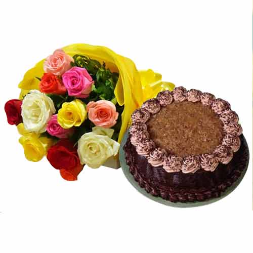 Chocolate-Flavored Chocolate Filling Cake and Multicolored Roses Bunch