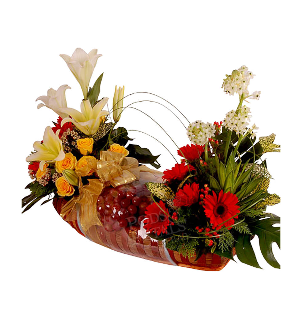 This exotic Kath basket of lilies, roses, gerberas...