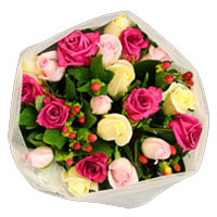 Tender Bunch of Multi-Coloured Roses with Seasonal Filler