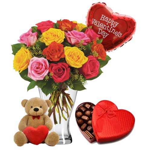 Multicolored roses with teddy bear w/ heart, 1 bal......  to calapan_philippine.asp