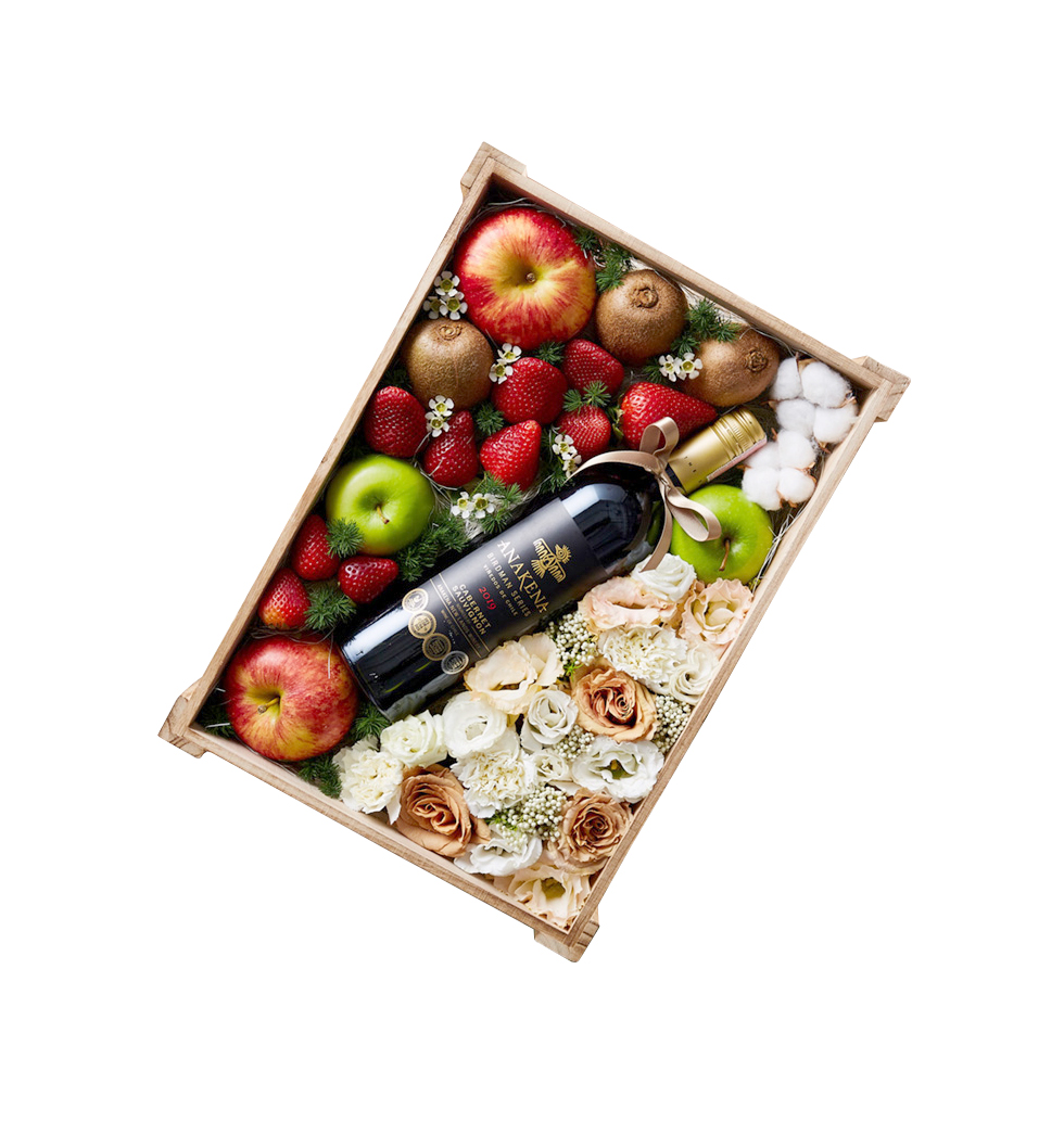 A gift basket that has both delectable wine and he...