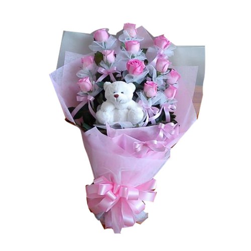 A beautiful pink rose bouquet sits on a bed of tro......  to Surin_thailand.asp
